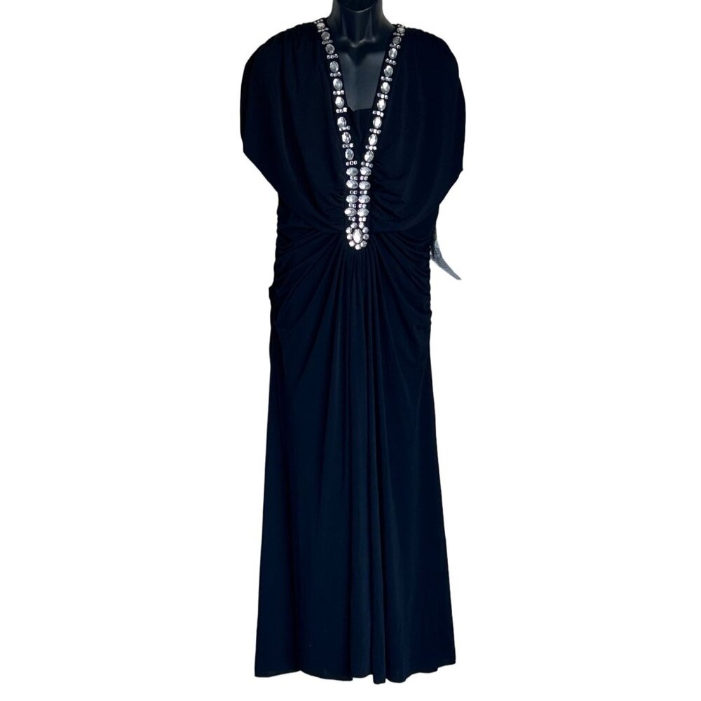 Ashro Black Evening Formal Gown Size 16W Black Classic Rhinestone Ruched Dress